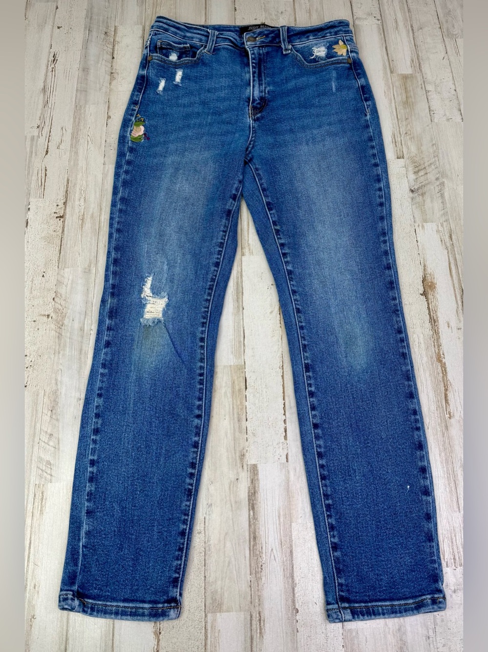 Judy Blue Jeans Womens 9/29 (29x28) Blue Mid Rise Straight Fit Floral Print